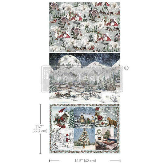 Snowfall Splendor 3 Pack A3 Fiber Decoupage Paper Redesign with Prima 11.7"x16.5" - Same Day Shipping - Furniture Decoupage