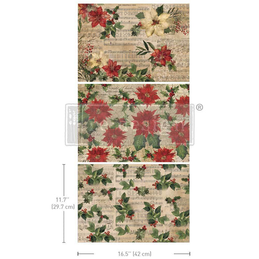 Poinsettias 3 Pack A3 Fiber Decoupage Paper Redesign with Prima 11.7"x16.5" - Same Day Shipping - Furniture Decoupage