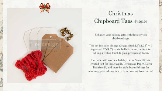 Christmas Chipboard Tags – 3 tags 2.3″X4.75″ + 3 tags 2″X3.5″ + 6 bells + twine - tags for stamps - gift wrap