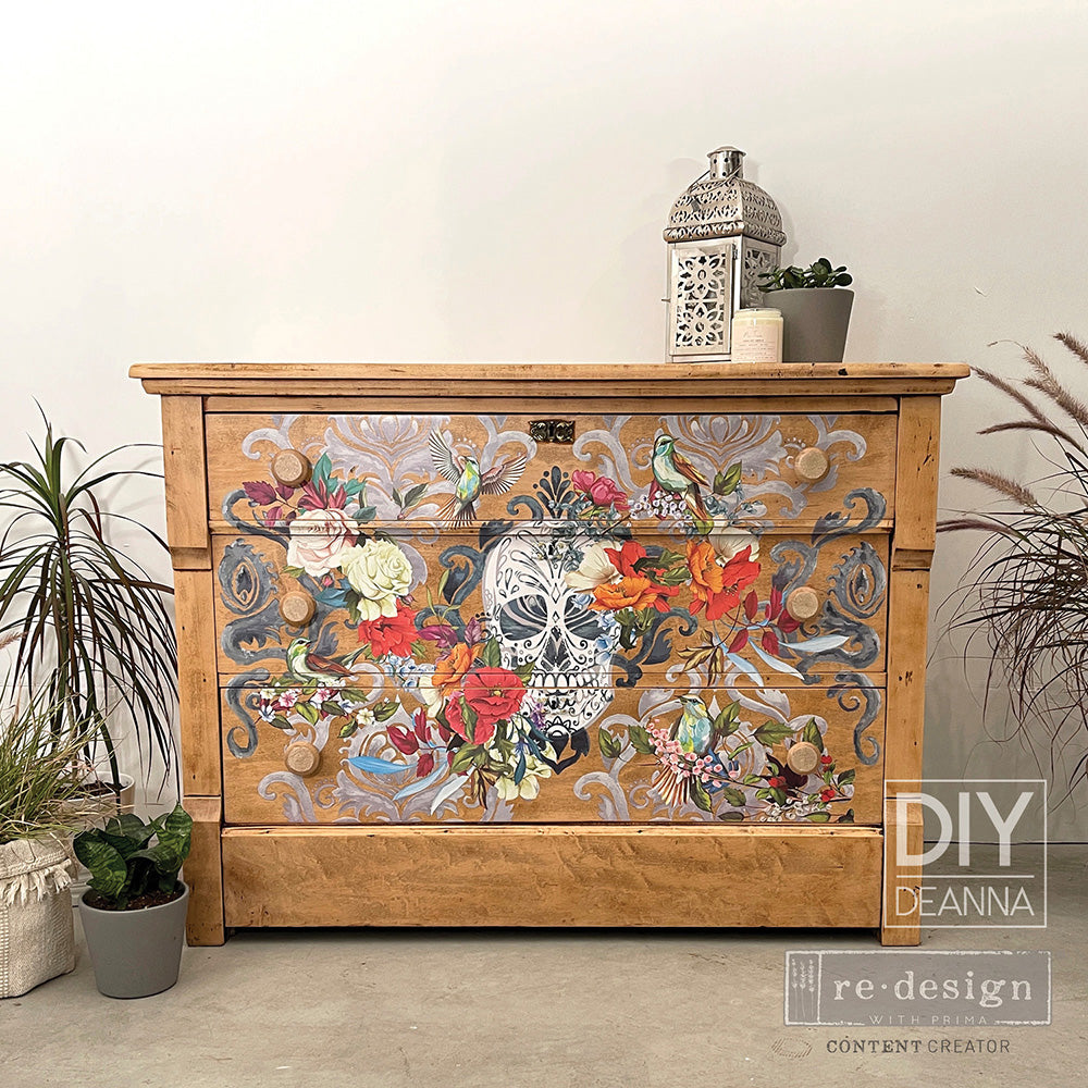Sweet Dreaming CeCe Restyled transfer Redesign with Prima 25.1"x32" - Same Day Shipping - Rub On Transfers - Furniture Decals - Floral Skull