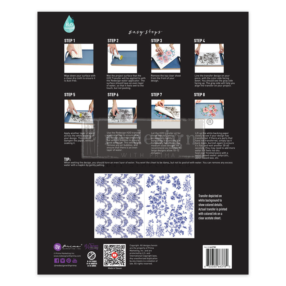 Azure Florals II H2O transfer - Redesign with Prima - Same Day Shipping - Rub On Decals- Decor transfers - Water Activated Decal