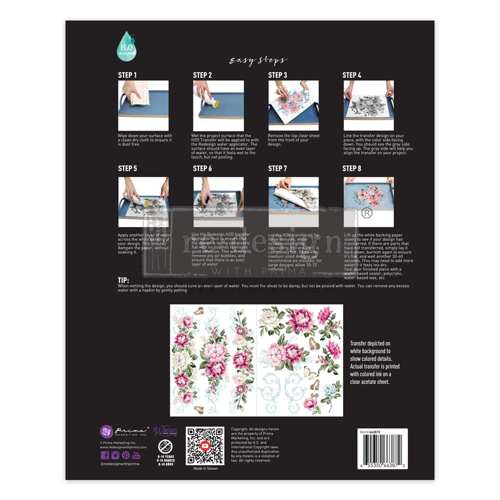 Springtime Peonies H2O transfer - Redesign with Prima - Same Day Shipping - Rub On Decals- Decor transfers - Water Activated Decal