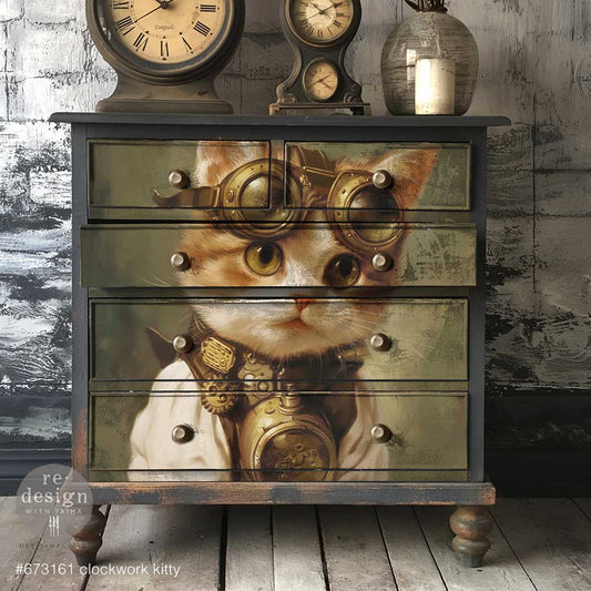 Clockwork Kitty A1 Fiber Decoupage Paper Redesign with Prima 23.4"x33.1" - Same Day Shipping - Furniture Decoupage