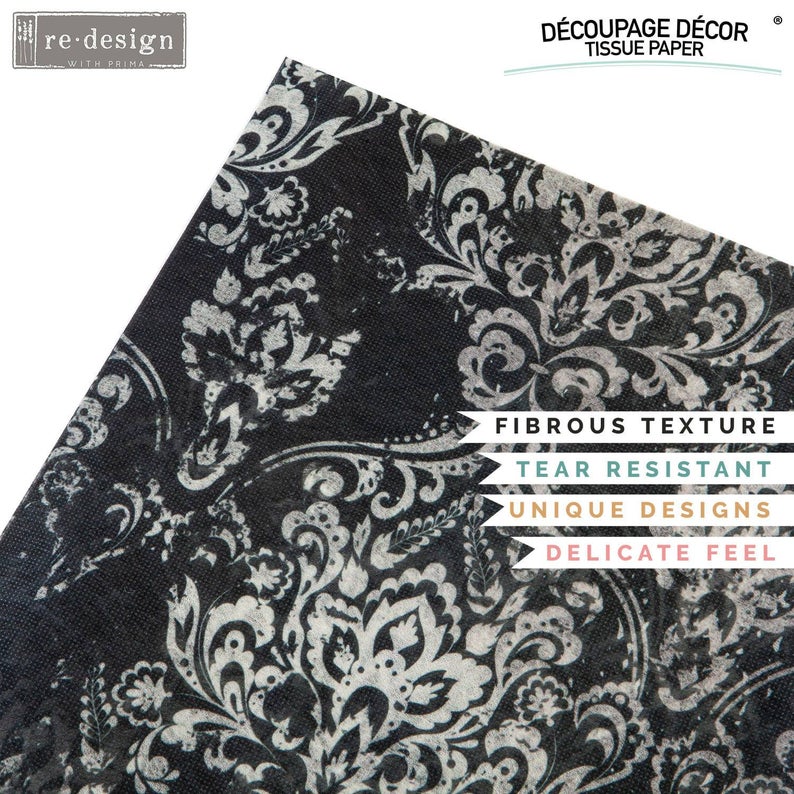 Dark Damask Decoupage tissue paper 1 sheet Redesign by Prima - Same Day Shipping - Furniture Decoupage - Decor Decoupage - Mulberry Paper