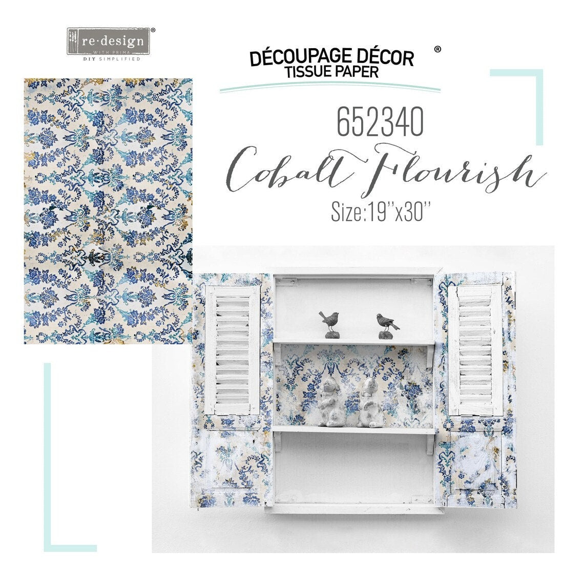 Cobalt Flourish Decoupage tissue paper 1 sheet Redesign by Prima - Same Day Shipping - Furniture Decoupage - Mulberry Paper - belleandbeau850