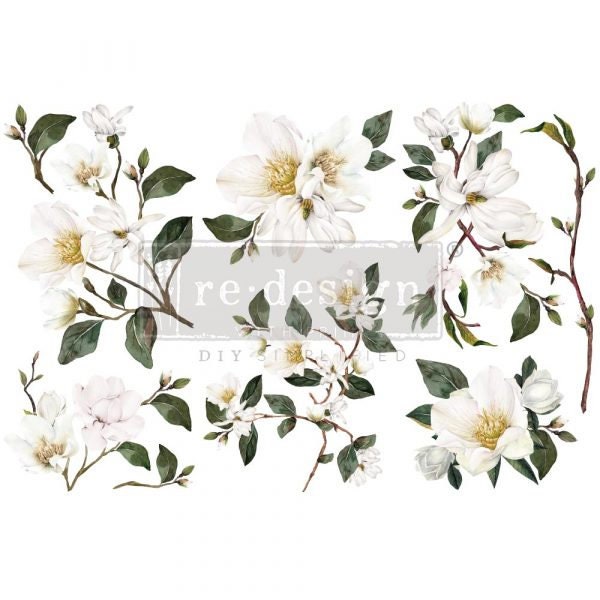 White Magnolia transfer by Redesign with Prima 6"x12" - Same Day Shipping - Small Transfers - Rub on Decals - Furniture Transfers - Floral - belleandbeau850