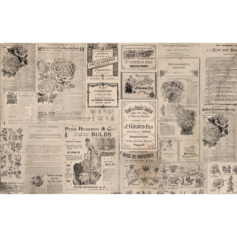 Newsprint Decoupage tissue paper 1 sheet -  Redesign by Prima - Same Day Shipping - Paper for decoupage - Mulberry Paper - Decoupage Paper - belleandbeau850